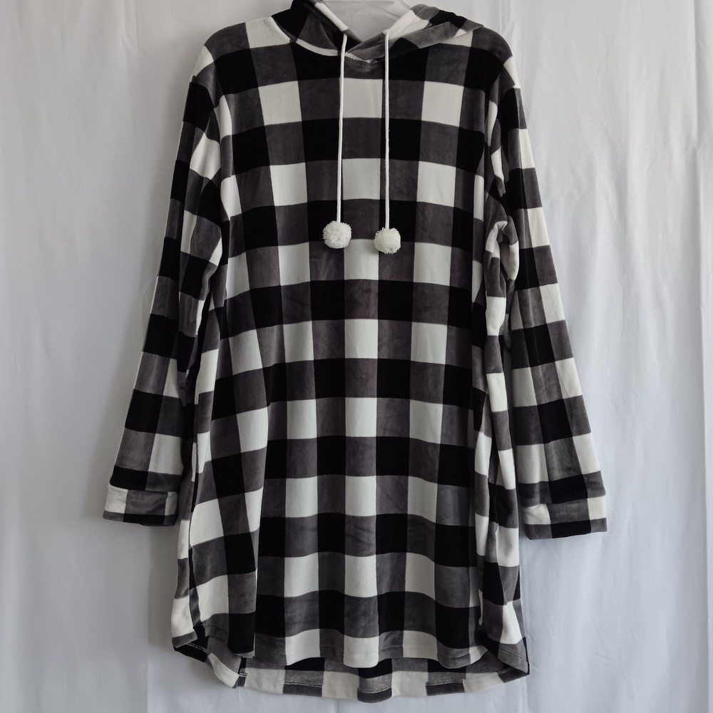 Ambrielle Hooded sleep hoody XXL Black White Super Cozy Buffalo Plaid Fleece